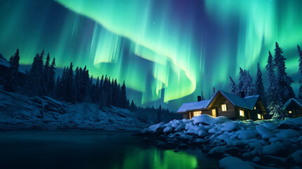 Wall Mural - northern lights above a wooden cabin by a glacial lake
