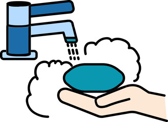 Sticker - Soap on Hand with Washing Faucet Icon in Flat Style.