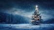Christmas tree with lights in winter forest with snow at frosty Christmas night. Beautiful winter holiday landscape.