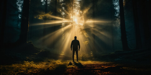 Wall Mural - Man standing in sunlight in forest