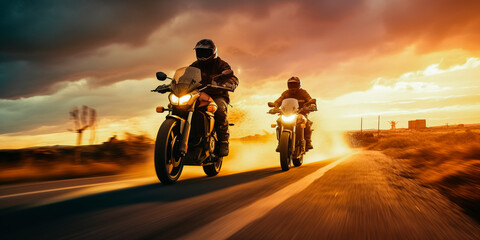 Canvas Print - Two riders at sunset with their motor bikes