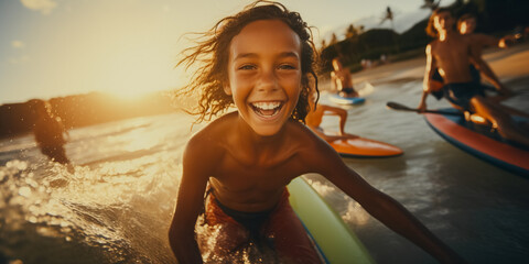 Wall Mural - Wide shot of smiling girl riding wave while taking surf lesson