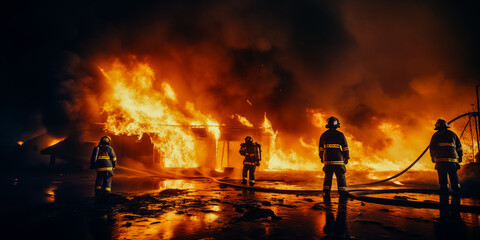 Wall Mural - Firemen fighting blaze with hose