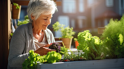 old woman in casual clothes touching a crop of vegetables growing in wooden vegetable boxes on her balcony