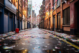 Fototapeta Uliczki - The aftermath of jubilation, an empty street is adorned with the remnants of confetti from the previous night's New Year's Eve festivities