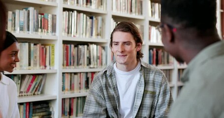 Aufkleber - Library, students and man with education, university and study group for college project. Learning, school and conversation with studying talk and teamwork for collaboration with research tutor