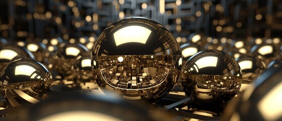 Poster - Abstract background with 3d Metallic spheres. 3D illustration of balls textured. Modern cover concept. Decoration element for banner design. Generative AI