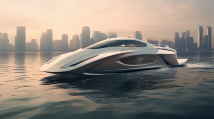 Wall Mural - A futuristic boat floating on top of a body of water. Fictional image.