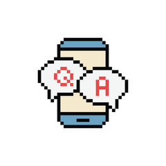 Poster -  qa q a icon with smartphone 8 bit, pixel art faq sign ask answer icon icon  for game  logo.