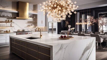 Poster - luxurious kitchen with marble and golden furniture