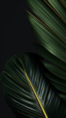  Palm leaves on a black background in a modern style. Great for wall art and home decor. Generative AI banner, background, wallpaper, packaging