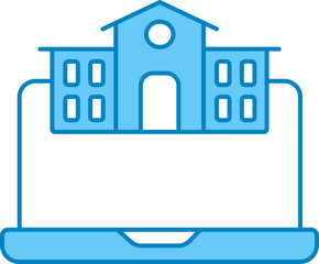 Poster - School Building With Laptop Icon In Blue And White Color.