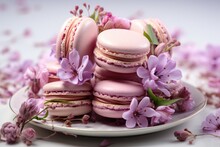 A plate of pink macarons and purple flowers. Fictional image.
