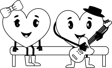 Canvas Print - Black And White Cartoon Male Heart Playing Guitar With His Girlfriend Sit On Bench.