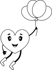 Canvas Print - Cartoon Heart Character Holding Balloons Icon In Black And White Color.