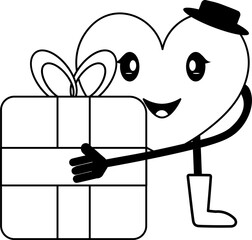 Wall Mural - Cartoon Male Heart Holding Gift Box In Black And White Color.