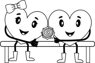 Sticker - Cartoon Heart Giving Rose To His Girlfriend In Black And White Color.