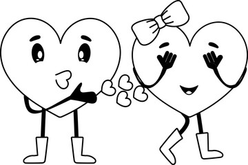 Canvas Print - Cartoon Heart Passing Flying Kiss To Lover In Black And White Color.