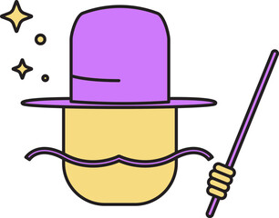 Sticker - Magician Face With Stick Icon In Purple And Yellow Color.