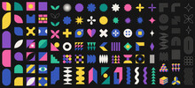 Collection Of Flat And Outline Abstract Geometric Shapes. Brutalism, Swiss Minimalism, Bauhaus Style Inspired. Color Vector Design Elements Isolated On Black Background. Ediatble Strokes.