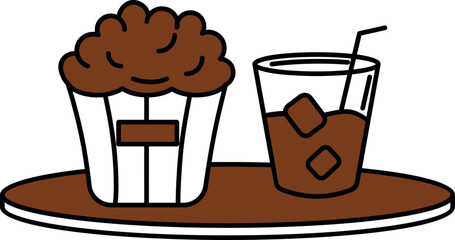 Sticker - Popcorn With Cold Drink On Plate Icon In Brown And White Color.