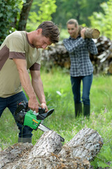 Wall Mural - lumberjack working with chainsaw in a forest