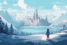 Little Child Walk To Big Castle In Winter Landscape Illustration
