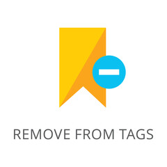 Poster - Yellow bookmark with minus sign isolated on white. Colored flat vector icon of removing unnecessary title information from text symbol. Computer and mobile devices interface concept