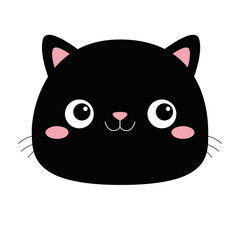 Wall Mural - Black cat head silhouette icon. Cute cartoon baby character. Smiling face. Pink nose, ears, cheeks. Kawaii pet animal. Funny kitten. Sticker print. Flat design. White background.