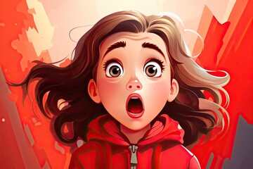 surprised little girl on red background illustration