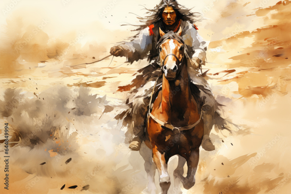 Ilustração Native american man riding a horse in the wild west desert ...