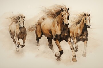  Outline of equines in stationary, walking, and fast running motion. Generative AI