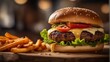 photography of a cheeseburger on wooden plate #19, food photography, ai generated