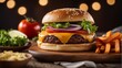 photography of a cheeseburger on wooden plate #18, food photography, ai generated