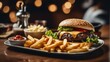 photography of a cheeseburger on wooden plate #7, food photography, ai generated