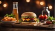 photography of a cheeseburger on wooden plate #5, food photography, ai generated