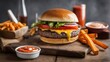 photography of a cheeseburger on wooden plate #10, food photography, ai generated