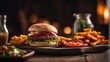 photography of a cheeseburger on wooden plate #12, food photography, ai generated