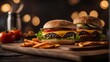 photography of a cheeseburger on wooden plate #6, food photography, ai generated