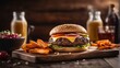 photography of a cheeseburger on wooden plate #13, food photography, ai generated
