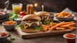 photography of a cheeseburger on wooden plate #3, food photography, ai generated