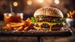 photography of a cheeseburger on wooden plate #8, food photography, ai generated