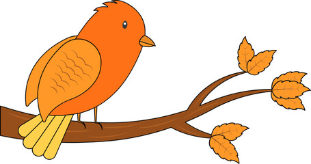 Sticker - Orange Bird Sit On Leaf Branch Flat Icon.