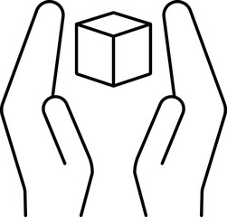 Sticker - Hand Holding Cube Icon In Black Line Art.