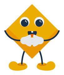 Sticker - Sticker Style Of Cartoon Yellow Rhombus Standing With Hand Close Over Grey Background.