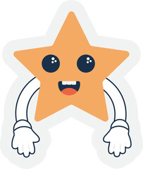 Poster - Isolated Sticker Of Yellow Cheerful Star Cartoon With Hand Down Against Grey Background.