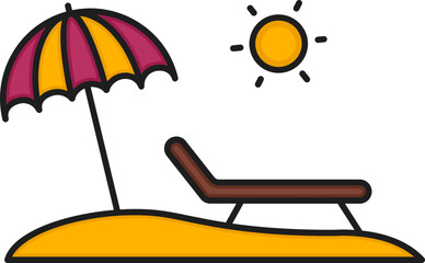 Wall Mural - Pink And Yellow Umbrella With Chair And Sun For Beach Flat Icon.