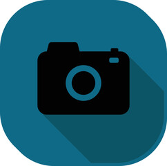 Sticker - Black Camera Icon On Teal Square Background.