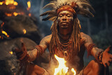 Portrait of the leader of an African tribe sitting by the fire.