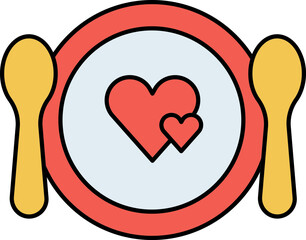 Sticker - Double Heart Food Plate With Spoon Red And Yellow Icon.